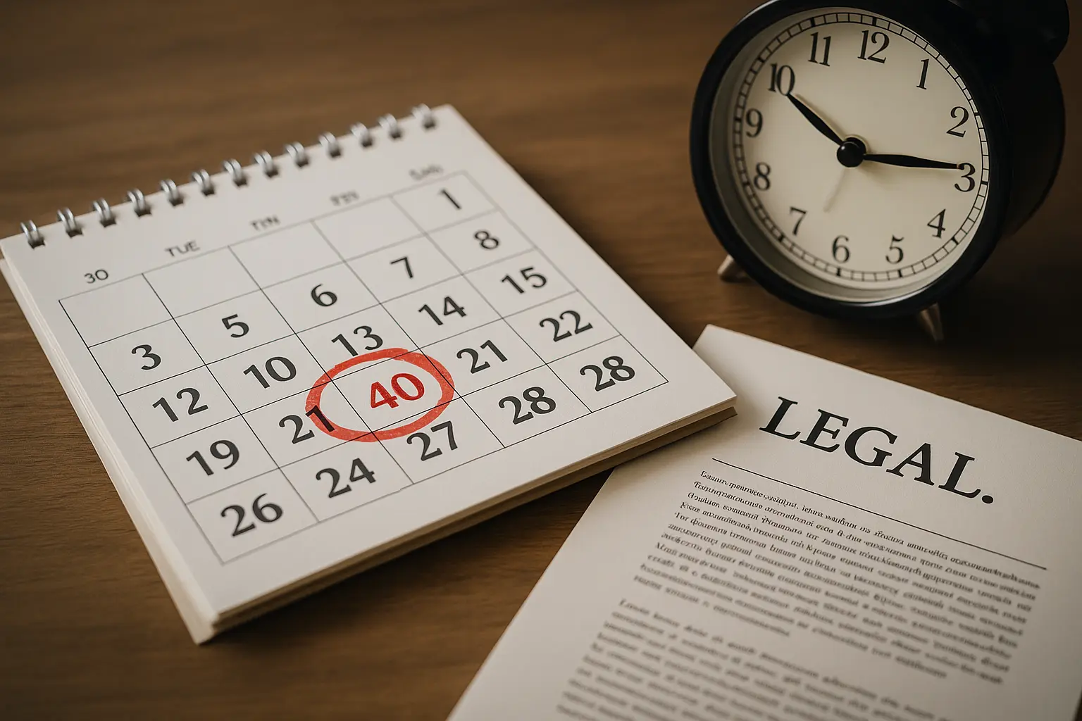 Calendario con numero 40 cerchiato in rosso accanto a documento legale e orologio, simbolo dei termini per opporsi a un decreto ingiuntivo