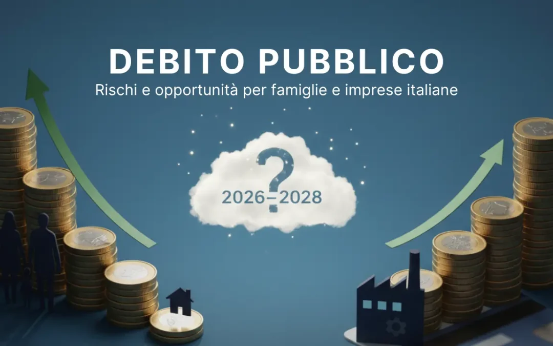 Illustrazione sul debito pubblico italiano 2026–2028 con monete, famiglie e imprese a confronto, simbolo della crescita economica