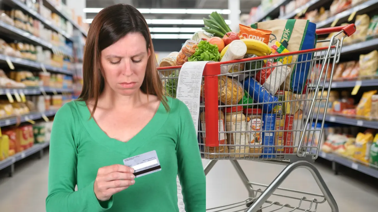Donna preoccupata davanti a un carrello pieno di spesa in supermercato a causa dell’aumento dei prezzi dei prodotti alimentari.