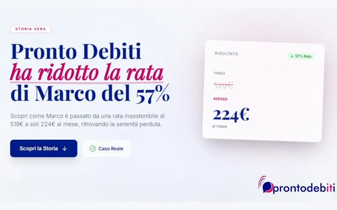 Caso reale Pronto Debiti: riduzione della rata di Marco del 57%, da 519€ a 224€ al mese.