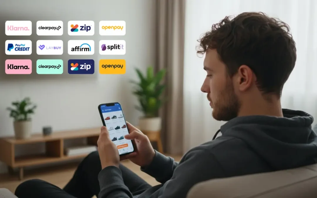 Giovane uomo sul divano usa smartphone per shopping online con opzioni BNPL: loghi Klarna, PayPal, Zip, Affirm e altri servizi rateali in Italia 2026